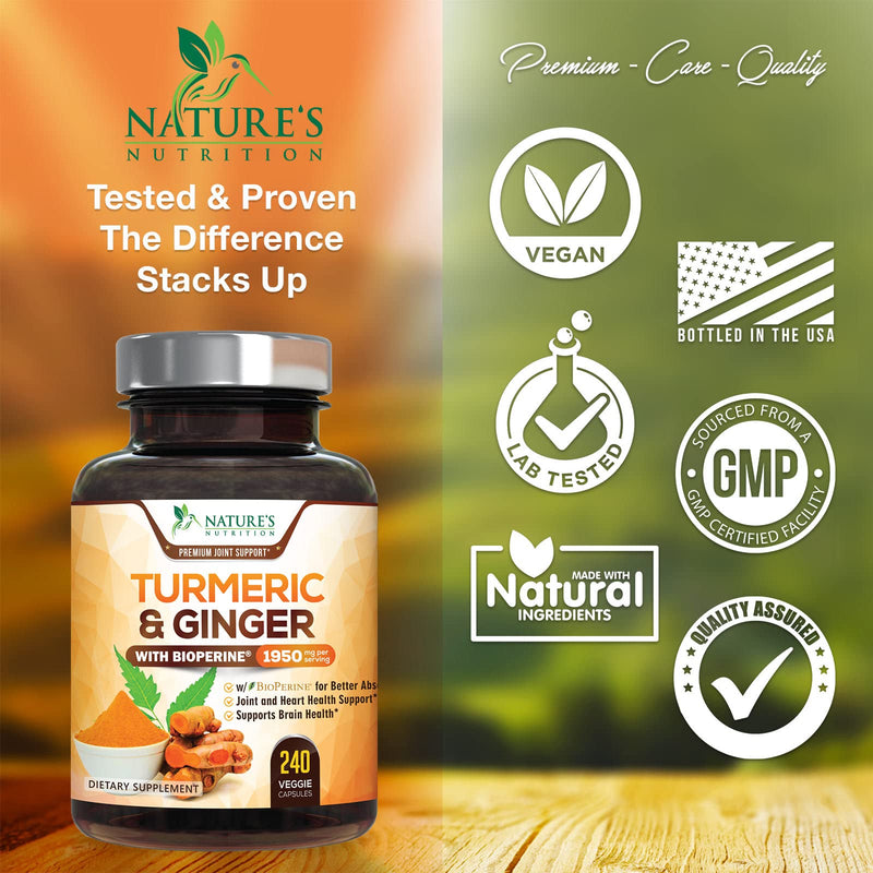 [Australia] - Turmeric Curcumin with BioPerine & Ginger 95% Curcuminoids 1950mg - Black Pepper Extract for Max Absorption, Nature's Joint Support Supplement, Herbal Turmeric Pills, Vegan Non-GMO - 240 Capsules 240 Count (Pack of 1) 