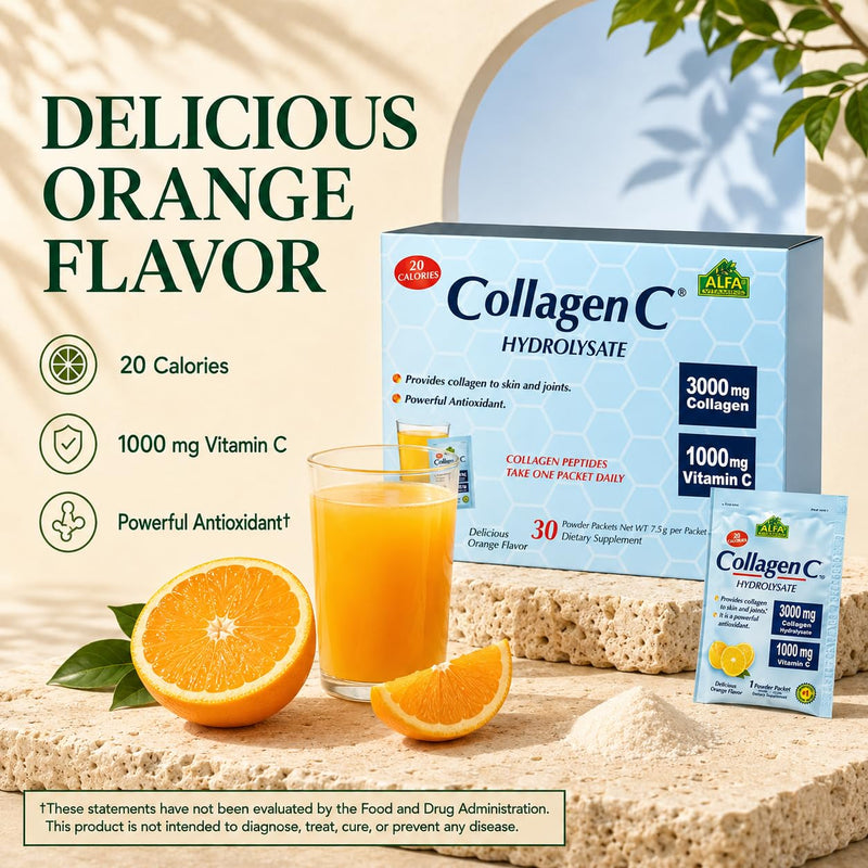 ALFA VITAMINS Collagen C Peptides Hydrolysate Powder Supplement, Vitamin C 1000mg, Gluten Free Hydrolyzed Collagen for Skin, Hair, Nails, Joint & Bone Support, Antioxidant, 30 Sachets per Box, 1 Pack
