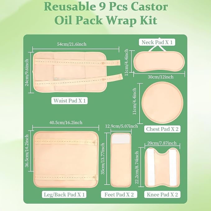 9 Pcs Castor Oil Pack Wrap Organic Cotton for Liver Detox, Stomach, Belly, Neck, Breast, Knee, Foot & Entire Body, Reusable Pads Kit for Hot/Cold Compress with Adjustable Elastic Strap