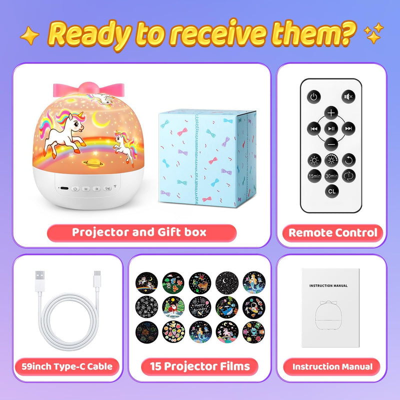 [Australia] - Night Light for Kids+15 Films+White Noises, 105 Lighting Kids Night Light Projector, Remote Dimmable Light Projector for Bedroom, Rechargeable Toddler Night Light,Kawaii Unicorn Gifts for Girls 