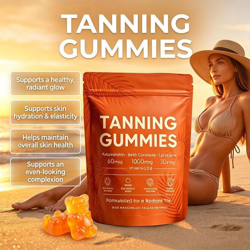 Tanning Gummies Fast Tan Without Sun, Antioxidant with Beta Carotene, Astaxanthin, Lycopene & Vitamins C&E, Sunbed Tanning Accelerator,Tanning Gummies for Sunless Glow, 60 Capsules(1 Bag)