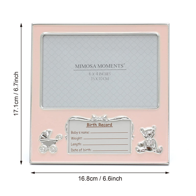 [Australia] - MIMOSA MOMENTS Bear and Pram Silver-tone Metal Baby Girl Picture Frame with Birth Details Tag (4x6 horizontal, Silver-tone & Pink) 4x6" horizontal 