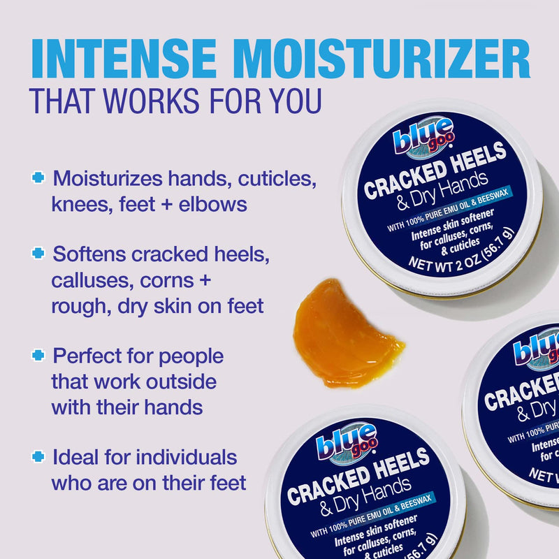 [Australia] - Blue Goo Cracked Heels & Dry Hands Intense Skin Softener - for Calluses, Corns & Elbow Dryness Relief, Fast- Penetrating Hydrating Moisturizer, Made w/ 100% Pure Emu Oil & Beeswax, 2 oz (3 Pack) 2 Ounce (Pack of 3) 