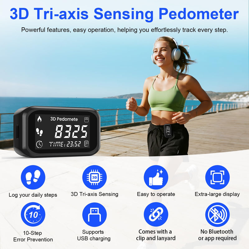 [Australia] - 3D Pedometer Step Counter for Walking, Running & Fitness - Accurate Step & Calorie Tracker with LCD Display, Waist Clip & Armband, Rechargeable Battery - Track Daily Activity & Health Data black 