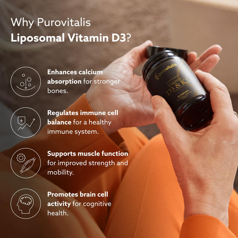PUROVITALIS Liposomal Vitamin D3 2000 IU with Vitamin K2, Bone & Immune Support Supplement, Gluten Free, 1-Month Supply (60 Vegan Capsules)