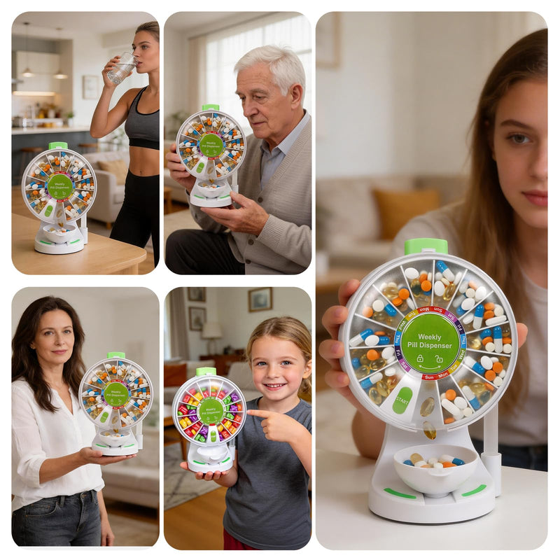 JULOS Daily Pill Dispenser with One-Press Button for Seniors & Arthritis | No-Flip Design Wall-Mounted or Free-Standing, Med Cup & Tweezers, Braille Symbol & Large Compartments for Vitamin/Supplements Green+green