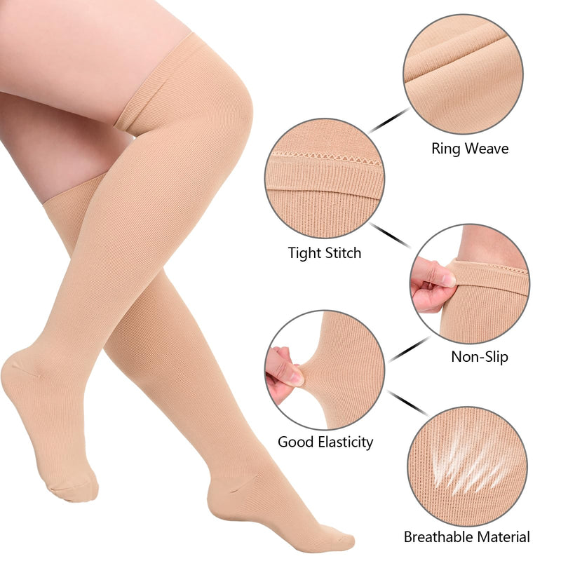 [Australia] - Plus Size Thigh High Compression Stockings for Circulation Support, Closed Toe Stocks for Men & Women, Beige 5X-Large Beige-1 