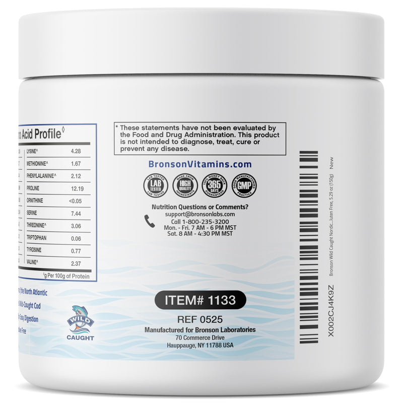 Bronson Marine Collagen Peptides Hydrolyzed Protein Powder 100% Wild Caught Nordic Cod Verified Sustainable Source for Joints Skin Hair Nails & Bones 150g (5.29oz)