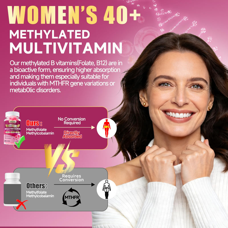 Womens Multivitamin 40 Plus Gummies: Methylated Multivitamins | Daily Multi Vitamin A C E D3 K2 B Complex Biotin Calcium Magnesium Zinc Folate Omega 3 Probiotic - Sugar Free Vegan 60 Count Peach 60 Count (Pack of 1)