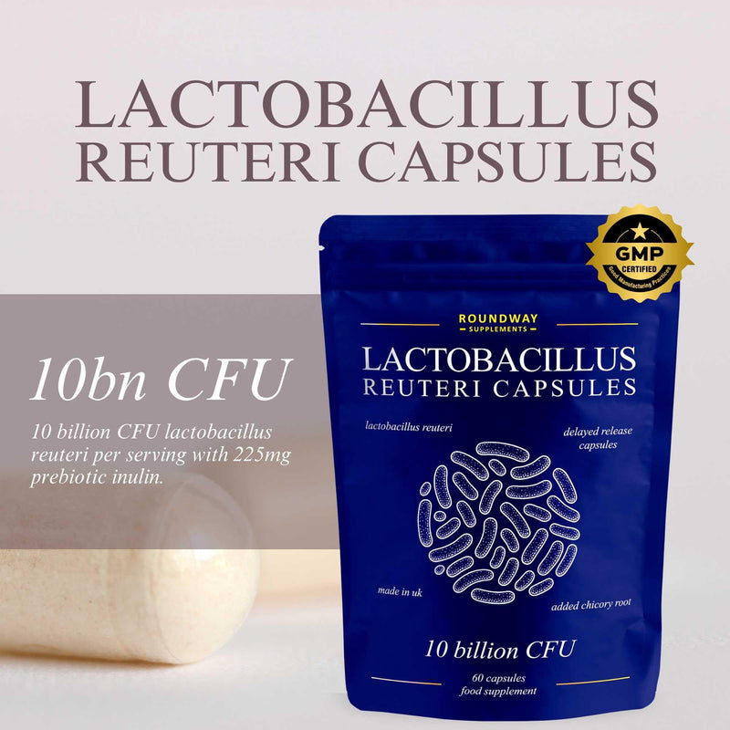 Lactobacillus Reuteri Probiotic Capsules | High Strength L Reuteri 10 Billion CFU | Probiotics for Gut Health | 2 Months Supply for Women & Men with Added Inulin Prebiotic by Roundway Supplements