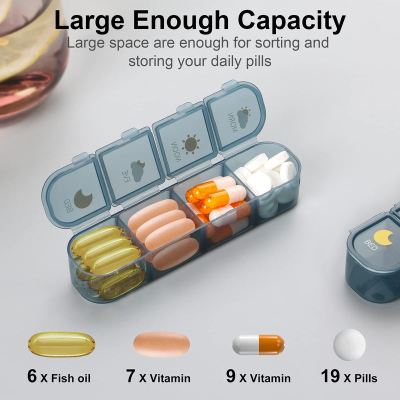 Acedada Pill Organizer 4 Times A Day, Weekly Travel Pill Box 7 Day, Blue | Large Medicine Organizer Box, Pill Case 4X A Day, Easy to Open, Daily Pill Holder Container for Vitamin, Fish Oil Supplements
