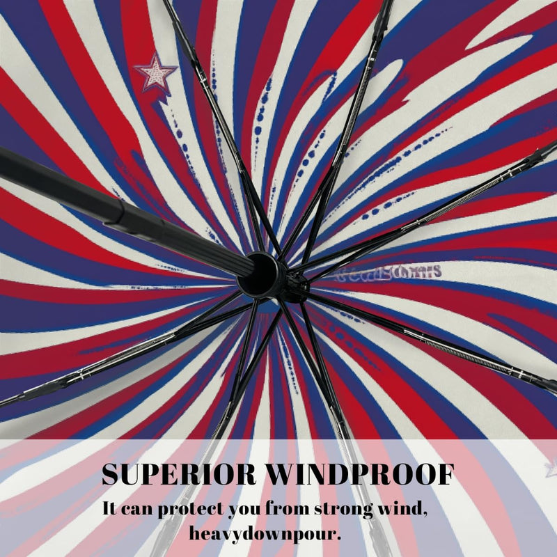 Auto Open Close Umbrellas for Rain and Sun,Folding Windproof Travel Umbrella American Red White Blue Stars Spiral Stripes for Women Men
