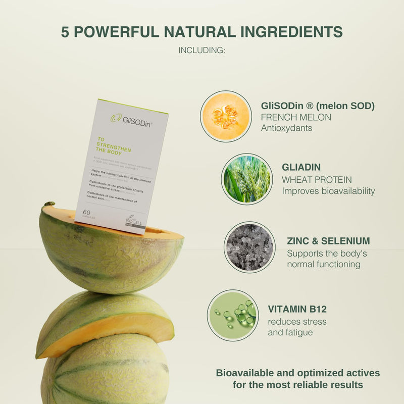 GliSODin to Strengthen the Body – Boosts Immune System, Enhances General Health & Recovery, Protects Cells from Oxidative Stress, and Supports Healthy Skin – Made in France - 60 Vegetarian Capsules