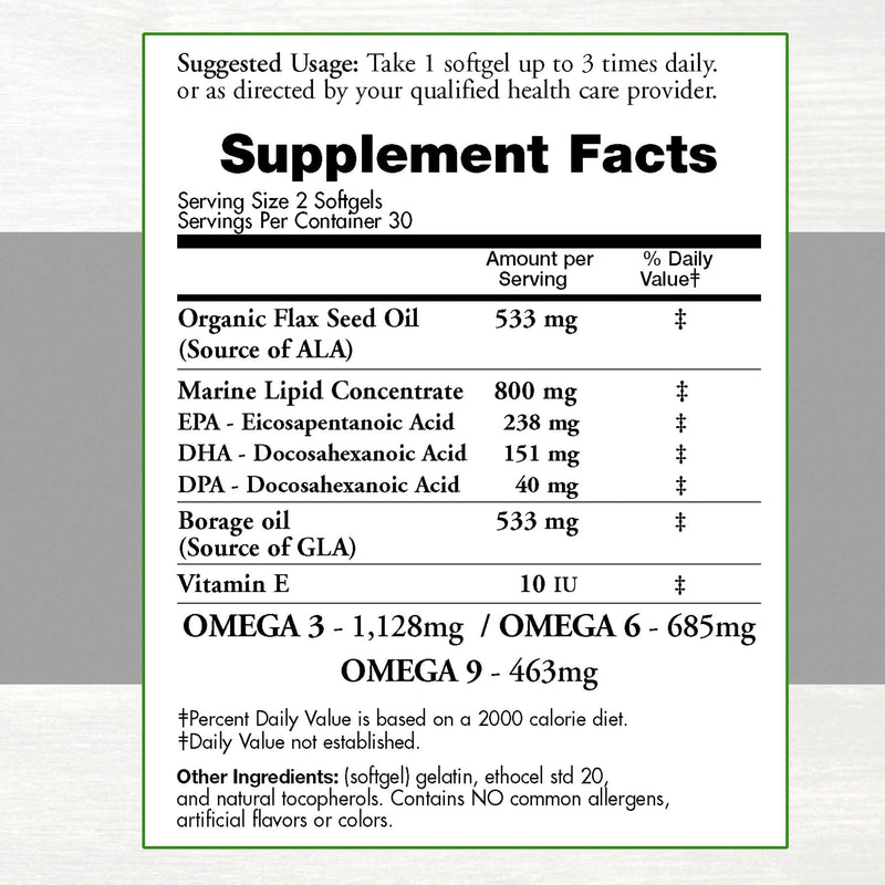 [Australia] - Natural Omega 3-6-9 Blend with DPA, EPA, DHA, ALA and GLA and Organic Flax Seed Oil Plus Wild Caught Natural Fish Oil - Over 2,800 Milligram Strength - Gluten Free - Made in The USA - 60 SoftGels 1 