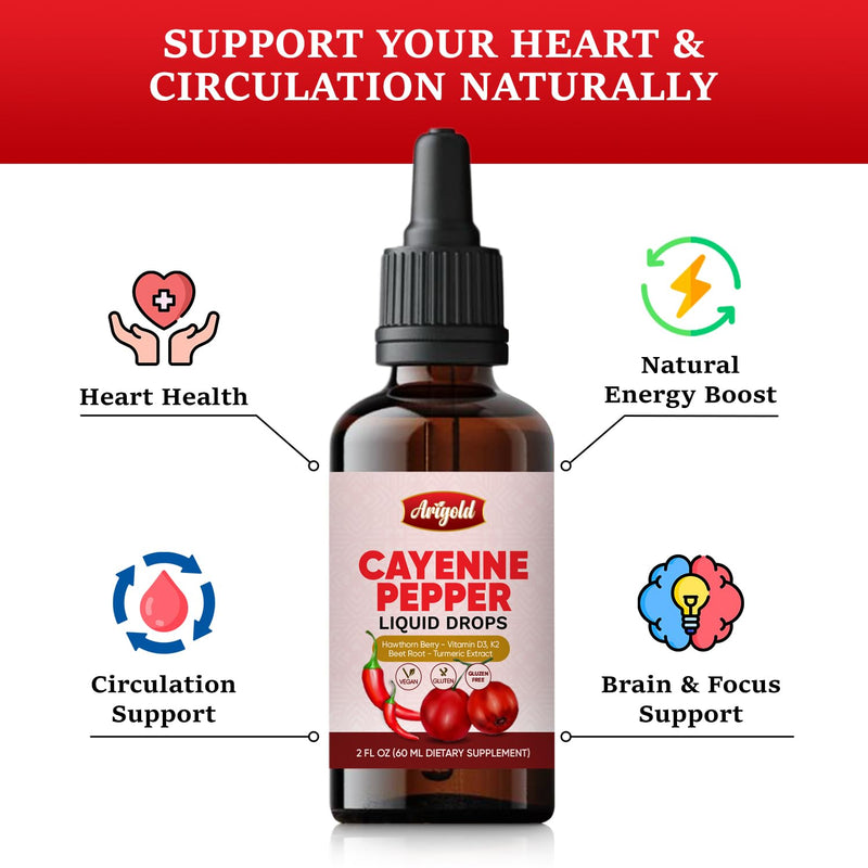 Arigold Cayenne Pepper Drops – Circulation & Energy Support Liquid Supplement with Hawthorn Berry, Beet Root, Turmeric, Vitamins D3 + K2, Ceylon Cinnamon, Berberine & Ginseng – Vegan, Non-GMO, 2 fl oz 2 fl oz (60 ml)