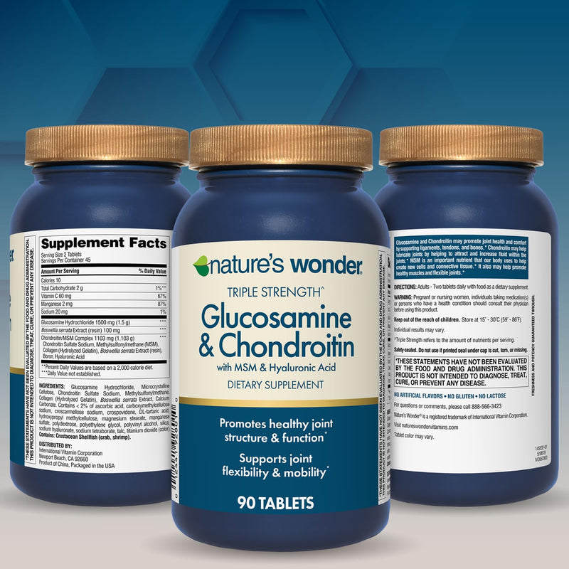 [Australia] - Nature's Wonder Triple Strength Glucosamine Chondroitin with MSM and Hyaluronic Acid and Boswellia for Joint Health, Supports Joint Flexibility and Mobility, 45 Day Supply, 90 Tablets 90 Count (Pack of 1) 