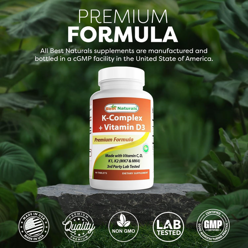 Best Naturals K-Complex with K1 (Phytonadione 1500 mcg + K2 as Menaquinone 100 mcg + K2 as MK-4 1000 mcg) + D3 + VIT. C - 90 Tablets - Made in the USA 90 Count (Pack of 1)