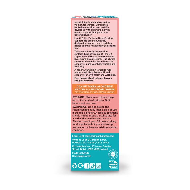 Health & Her For Mum After Pregnancy Breastfeeding Supplement - Postnatal vitamins for women - Contains 5bn live cultures, Vitamin D, Calcium, Magnesium - 1 month supply - 60 CAPSULES - Vegan & Gluten 60 count (Pack of 1)