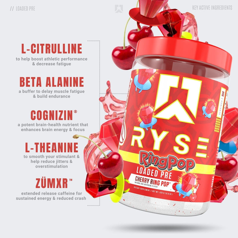 [Australia] - RYSE Up Supplements Loaded Pre Workout Powder Supplement for Men & Women | Pumps, Energy, Focus | Beta Alanine + Citrulline | 390mg Caffeine | 30 Servings (Cherry Ring Pop) Cherry Ring Pop 