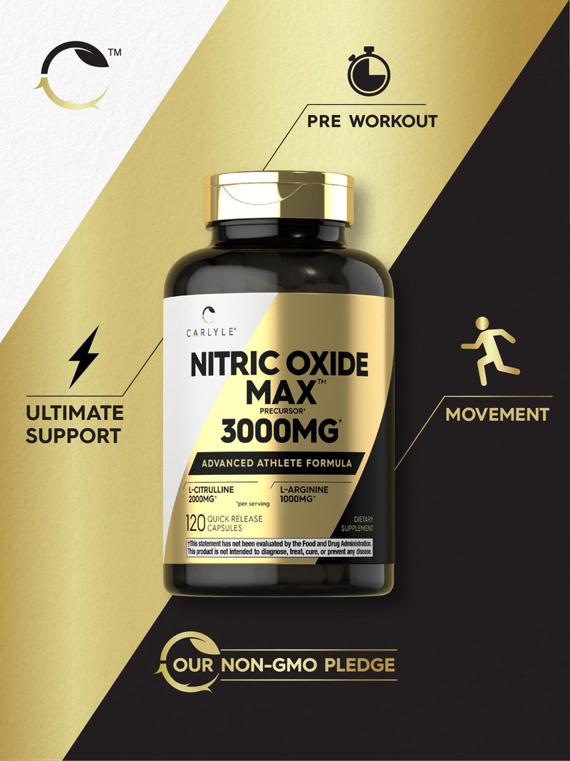[Australia] - Carlyle Nitric Oxide Supplement 3000mg | 120 Capsules | Pre Workout with L-Arginine & L-Citrulline | Non-GMO, Gluten Free 