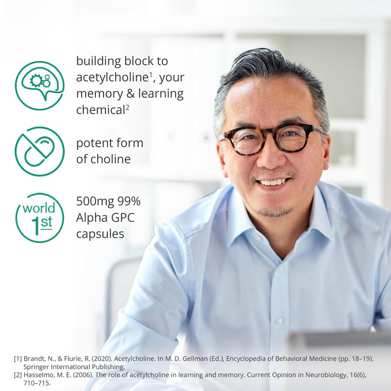 Alpha GPC Capsules (60) | 1-a-Day | 99.7%* Alpha-GPC Choline Supplement | 500mg | Nootropic Alpha Brain Support | Acetylcholine Supplement 60 Count (Pack of 1)