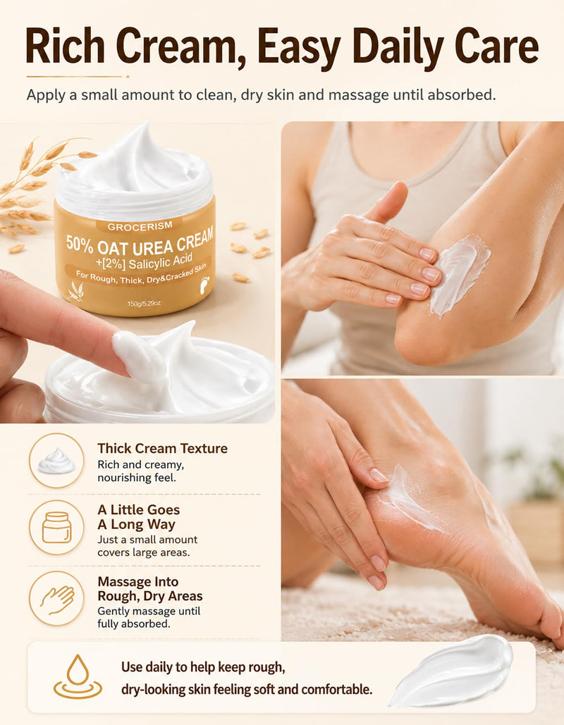 Grocerism 50% Oat Urea Foot Cream Maximum Strength, 5.29 oz, Pack of 2 | 2% Salicylic Acid + Oat, Softens Dry, Rough, Callused Heels and Hands with Hyaluronic Acid, Tea Tree and Aloe Vera Oat-Mild 5.29 Ounce (Pack of 2)