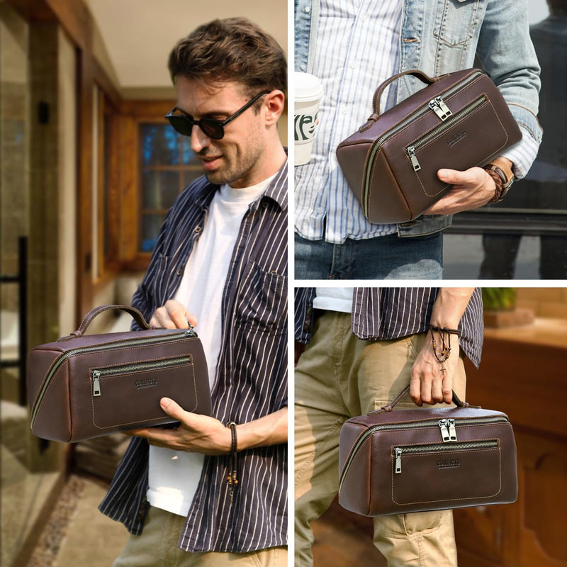 CONTACTS Full Grain Leather Travel Toiletry Bag for Men Large Wash Bag with Handle Bathroom Shaving Dopp Kit Toiletries Organizer Vintage Cosmetic Bag Red Brown