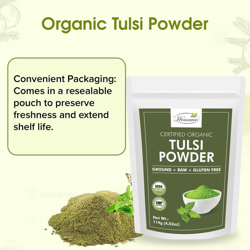 [Australia] - Organic Tulsi Powder - Resealable Zip Lock Pouch, USDA Organic - Premium Quality Holy Basil Powder, 100% Raw, Ayurvedic Herb for Immunity - 114 Grams (4 Oz) 4 Ounce (Pack of 1) 