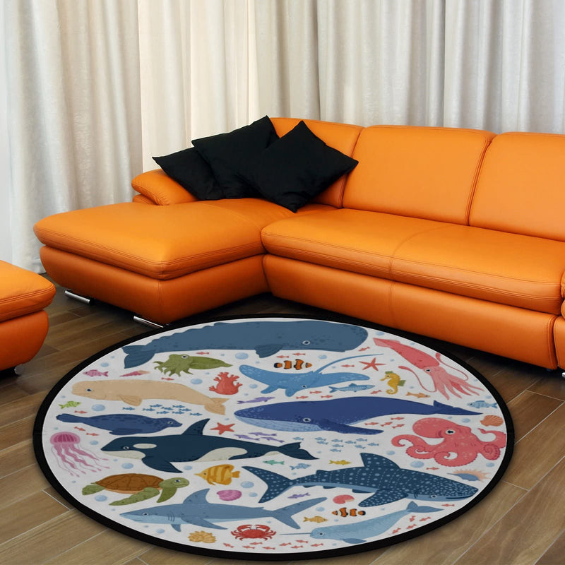 [Australia] - Vantaso Kids Round Nursery Area Rug Ocean Animals Whale Dolphin Shark 3 Ft Non Skid for Children's Bedroom Playing Room 36'' Diameter 