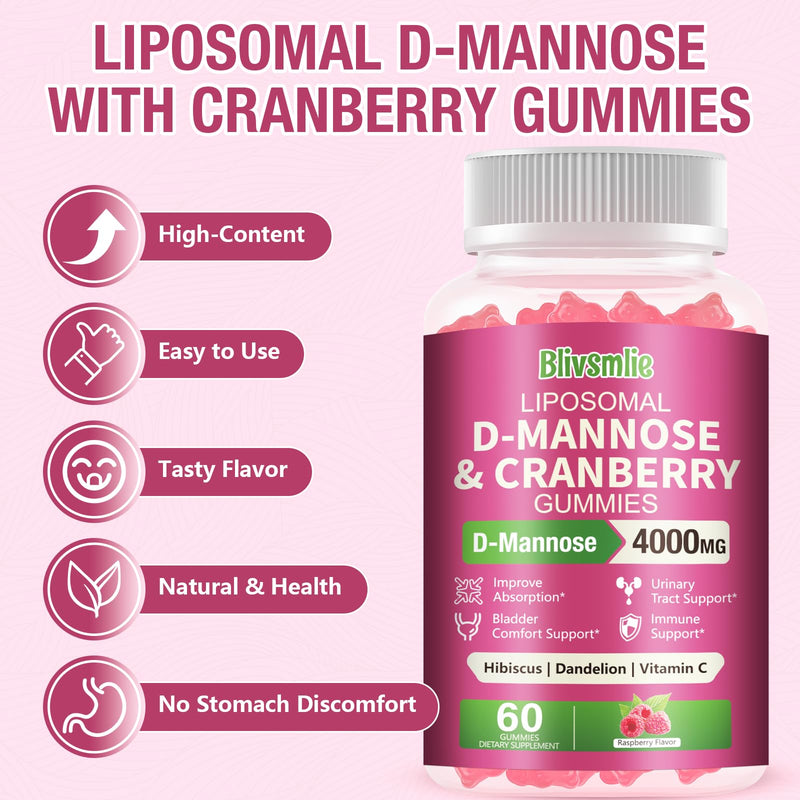 Liposomal D-Mannose Gummies 4000mg Complex Cranberry Supplement 1500mg & Hibiscus,High-Potency Formula for Women Urinary Tract, Immune Support,Liver & Bladder Flush Cleanse Wellness Supplement 60