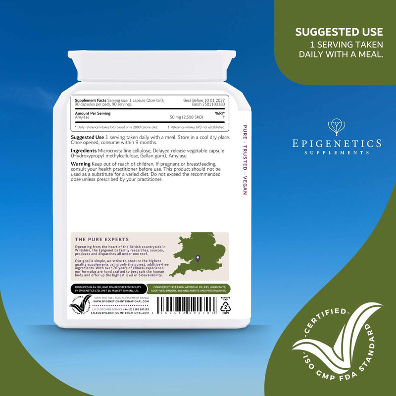 Amylase Delayed Release (DR) 50mg of Digestive Support Enzymes | 90 Vegan Friendly Capsules UK Made | Long 3 Month Supply by Epigenetics Supplements 90 count (Pack of 1)