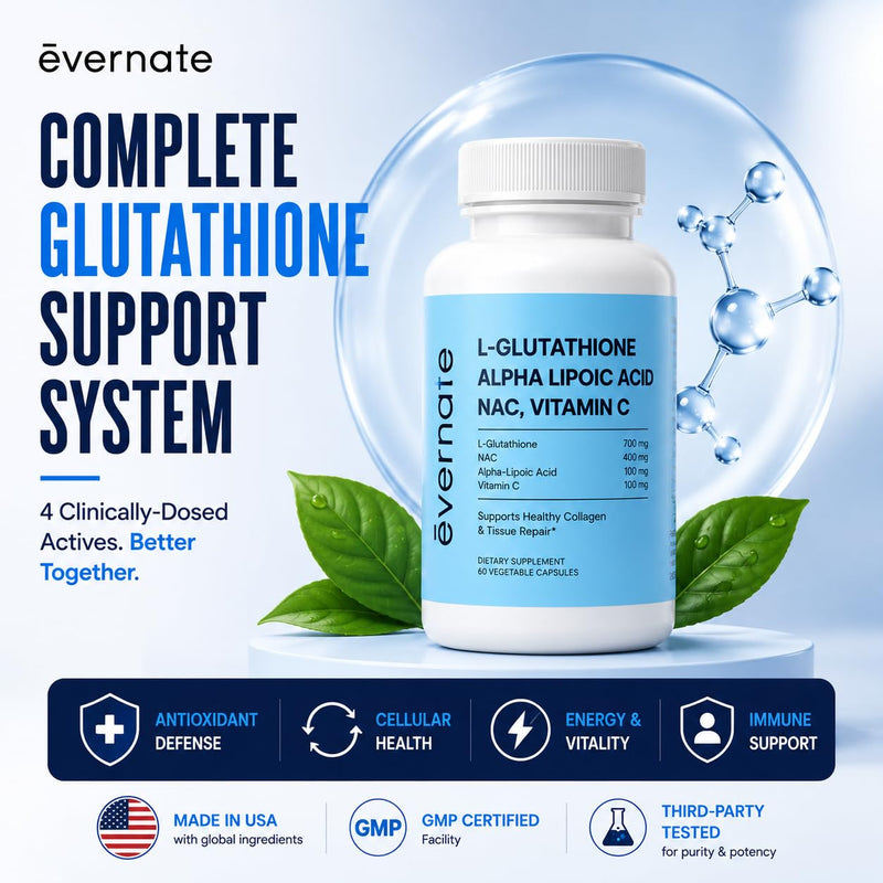 Evernate 4-in-1 L-Glutathione 700mg with NAC 400mg, Alpha Lipoic Acid 200mg & Vitamin C – Skin Brightening, Liver Detox, Immune Support & Antioxidant Defense – 60 Vegan Capsules