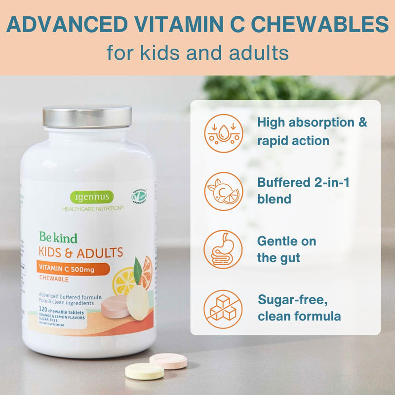 Igennus Vitamin C Chewable 250-500mg Gentle & Buffered for Kids & Adults | Optimized Absorption with Sodium Ascorbate & Ascorbic Acid, Sugar Free Natural Orange & Lemon Flavors, 120–240 Servings