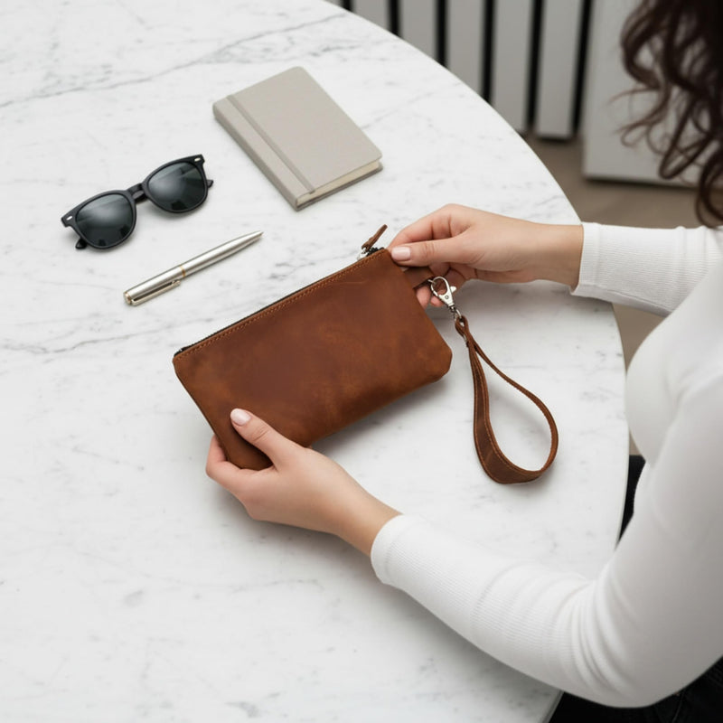Leather Cosmetic Pouch - Genuine Leather Makeup Bag with Detachable Wrist Strap, Zipper Makeup Bag, Small Travel Toiletry Case, Warm Brown