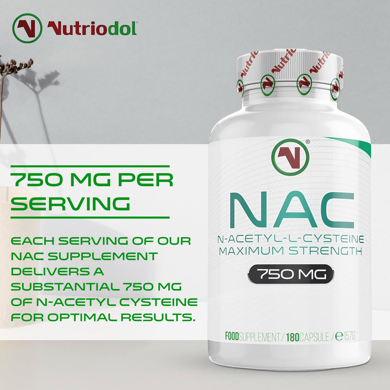 NAC Supplement 750mg | Vegan Capsules | N-Acetyl-Cysteine Amino Acid - High Bioavailability - Providing Non Toxic Stable Form of L-Cysteine - EU Made to ISO and GMP Standards (180) 180 count (Pack of 1)