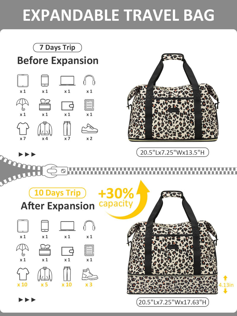Expandable Travel Duffle Bag Weekender Overnight Bags for Women Men | 32L Duffel Bag,Waterproof Carry on Bag,Hospital Bag for Labor Delivery,With Toiletry Bag,Gym,Airplane Travel Leopard Large