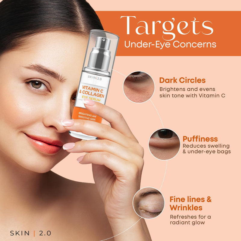 Skin 2.0 Vitamin C & Collagen Under Eye Serum – Dermatologist Tested, Anti Aging Korean Skin Care – Targets Dark Circles, Puffiness & Fine Lines for Smoother, Firmer Eyes – Vegan Clean Beauty, 1 fl oz Vitamin C & Collagen Eye Serum