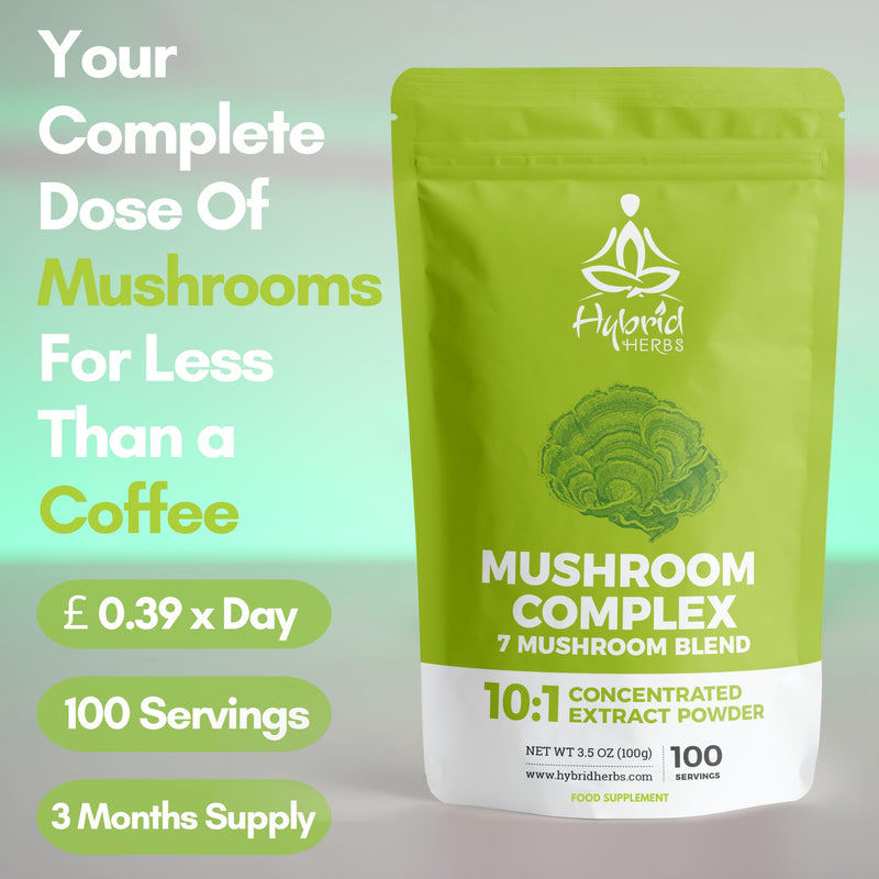 Mushroom Complex Powder 100g - 7 Organic Mushroom Supplement 10:1 Extract | Lion's Mane, Reishi, Cordyceps, Chaga, Tremella, Shiitake, Maitake | Brain, Energy & Immunity | 100 Servings MUSHROOM COMPLEX