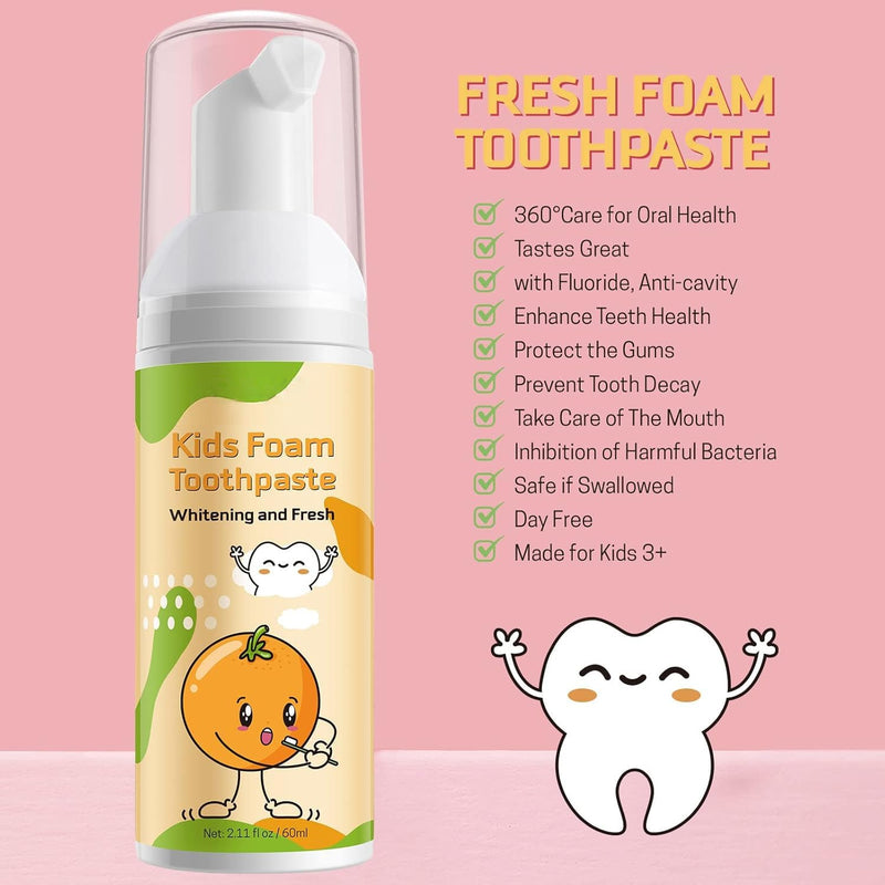 [Australia] - Foam Toothpaste Kids,Toddler Toothpaste with Low Fluoride & Natural Formula to Reduce Plaque, Kids Toothpaste for U Shaped Toothbrush for Children Ages 3 Plus (120 ML, Orange & Strawberry) 1.06 Fl Oz (Pack of 2) 