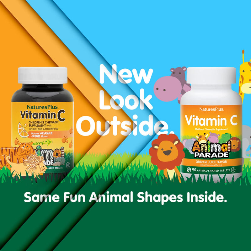 [Australia] - Natures Plus Animal Parade Vitamin C Children's Chewable - Natural Orange Juice Flavor - 90 Animal-Shaped Tablets - Vegan, Vegetarian, Gluten Free - 45 Servings 1 