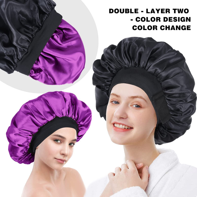 [Australia] - Silk Bonnet for Sleeping Double Layer Satin Bonnet Adjustable Bonnets for Black Women Sleep Cap Reversible Hair Bonnet for Curly Hair (Black and Purple) Black and Purple 