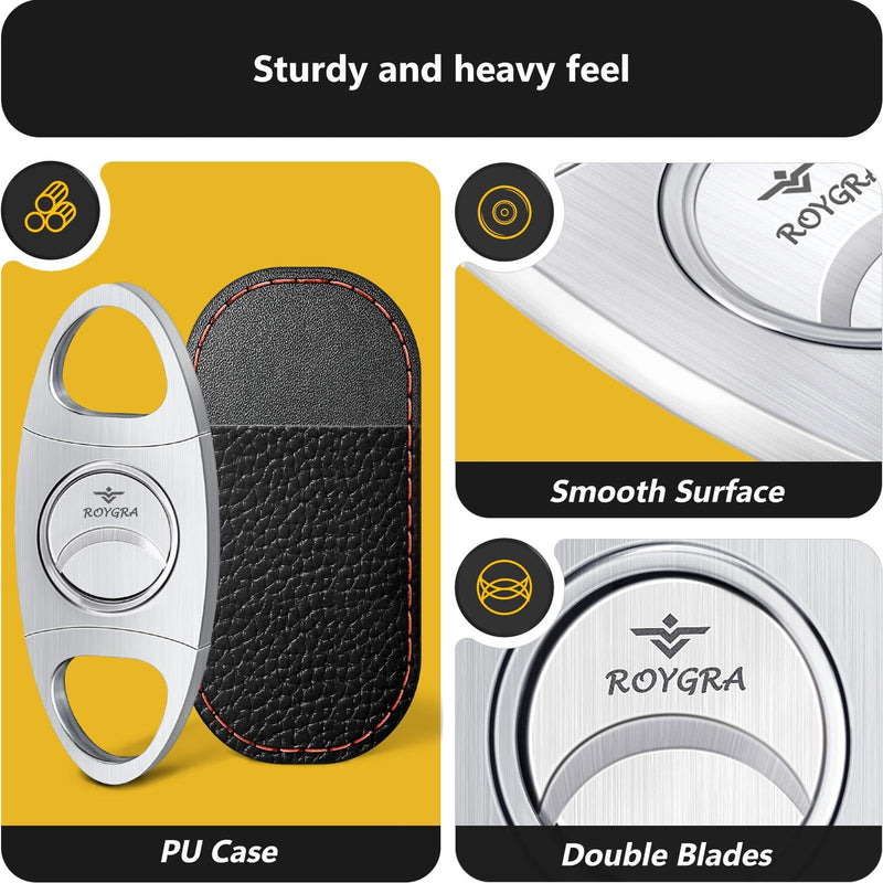 [Australia] - roygra Cigar Cutter with Leather Protector, Stainless Steel Double Blade Guillotine (Silver) Silver 