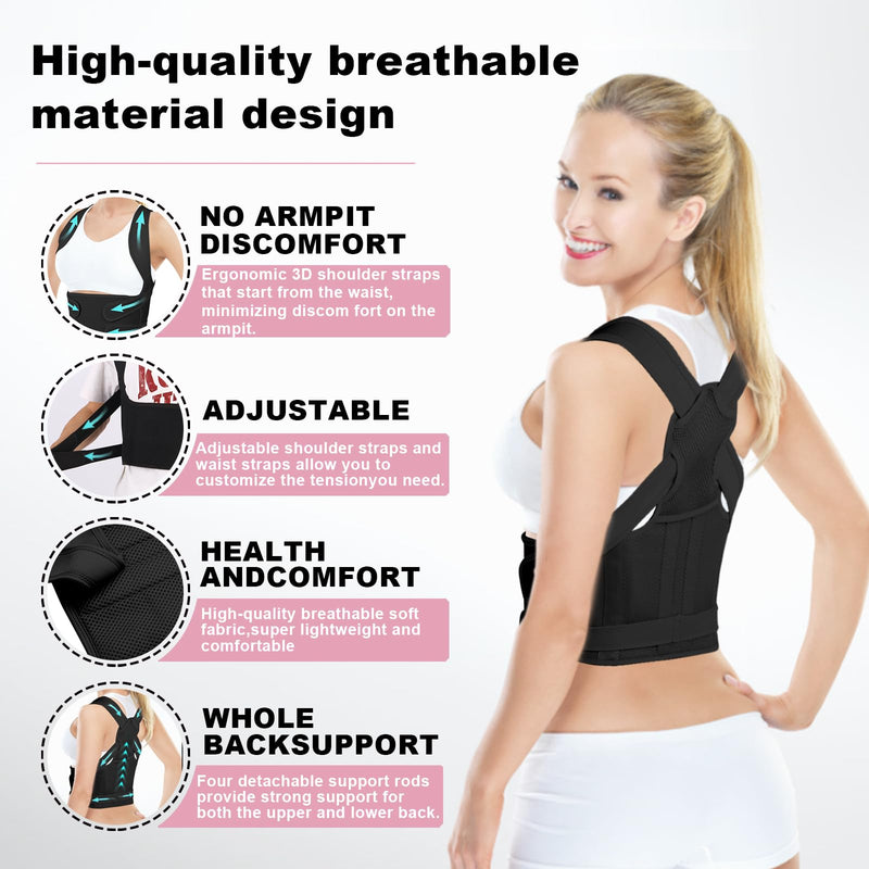 Posture Corrector for Women and Men,4 In 1 Adjustable Full Back Brace,Posture Braces Can Relieve Upper and Lower Back Pain, Shoulder Braces for Hunchback,Scoliosis, Lumbar Spine, Spine(Medium Black) Medium