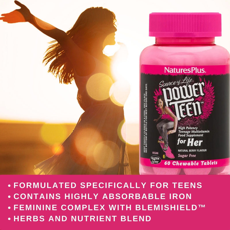 NaturesPlus Source of Life Power Teen for Her - Food Based Chewable Multivitamin Vitamins for Teenagers - Vegan, Gluten Free - 60 Chewable Tablets 60 count (Pack of 1)