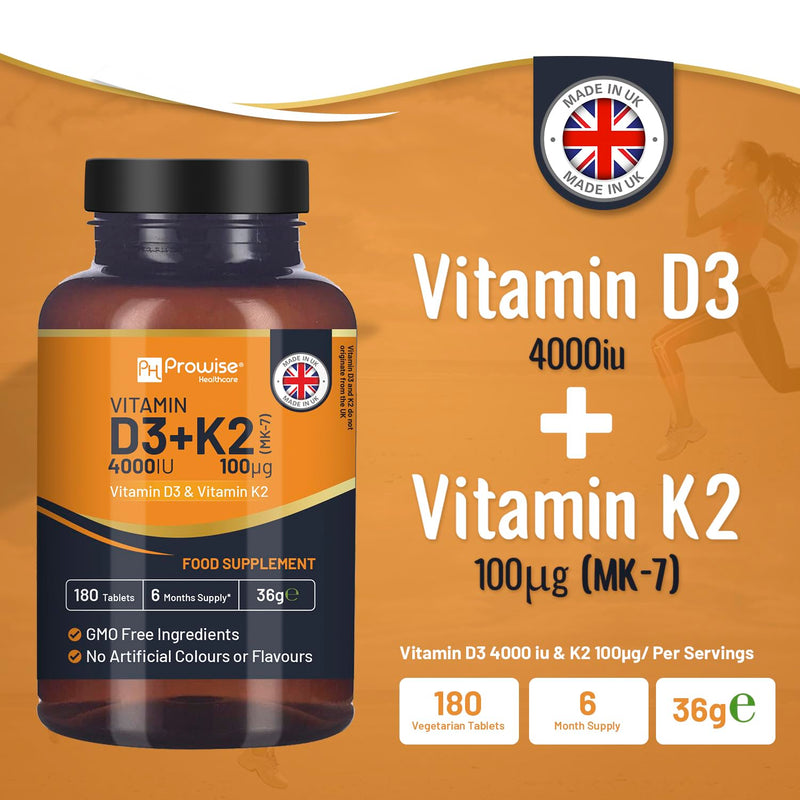 Vitamin D3 4000IU & K2 MK7 100µg Vegetarian Tablets I 180 (6 Months Supply) I Easy to Swallow Supplement for Immune Support, Calcium Boost, Bone & Muscle I Made in The UK by Prowise Healthcare