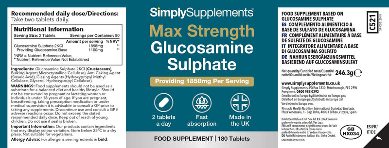 Max Strength Glucosamine Sulphate 2KCl | Supports Active Lifestyles | 1858mg per Serving | Marine Sourced | 360 Tablets = 6 Months’ Supply | Manufactured in The UK in Accordance with GMP Standards Unflavoured 180 count (Pack of 2)