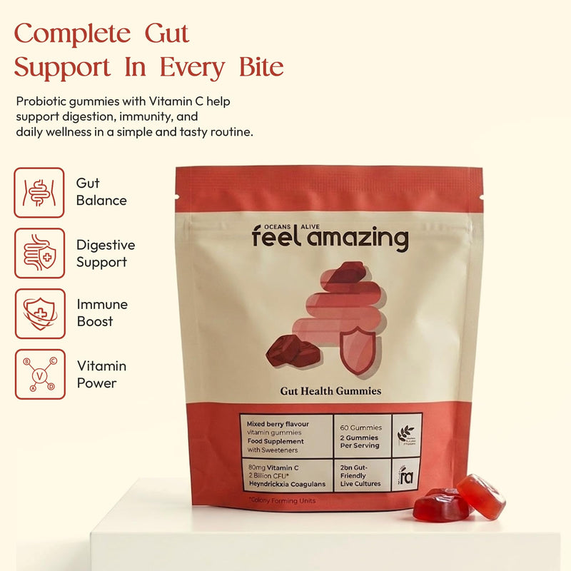 Feel Amazing Gut Health Probiotic Gummies - with 1 Billion Live Cultures & Vitamin C - 60 Orange-Flavoured Gummies - 1 Month Supply