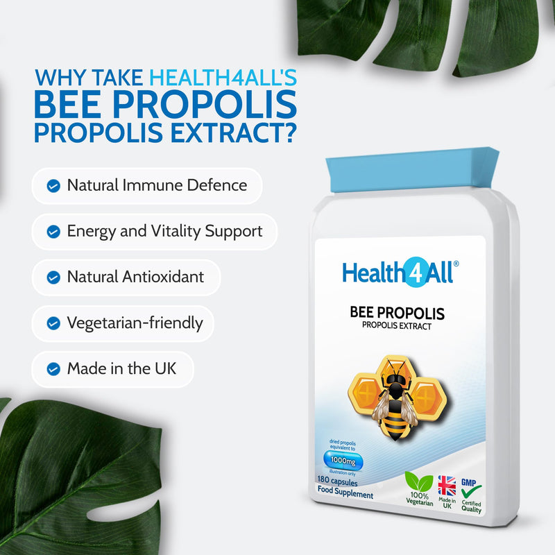 Health4All Bee Propolis 1000mg per Capsule 180 Capsules, High Strength Immune System Booster, Natural Immune Support Supplement (not Tablets) | Made in UK 180 count (Pack of 1)