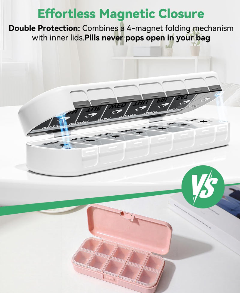 Weekly Pill Organizer 2 Times a Day, Moisture-Proof Pill Case，White | 7 Day Pill Box AM PM, Foldable Travel Medicine Organizer with Magnetic Closure for Vitamins, Supplements and Fish Oils White