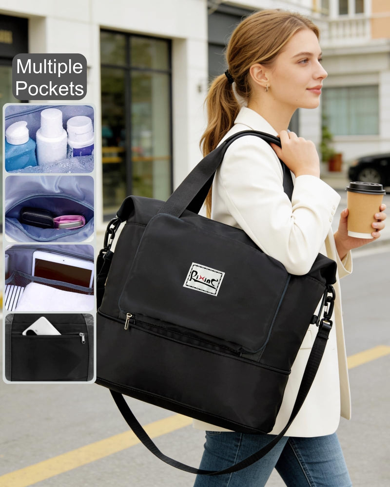 Foldable Travel Duffel Bag for Women, Black | 40L Expandable Carry on Bag Personal Item Flight Approved Lightweight Water Resistant Overnight Weekender Bag, Nylon